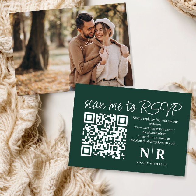 Tarjeta De Recepción Boda Monograma QR Código RSVP con foto elegante (Subido por el creador)