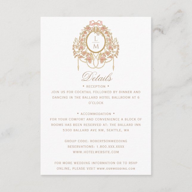 Tarjeta De Recepción Boda Monograma Rosa Rococó Francés (Anverso)