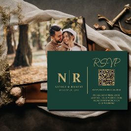 Tarjeta De Recepción Boda Monograma RSVP Código QR Foto Elegante