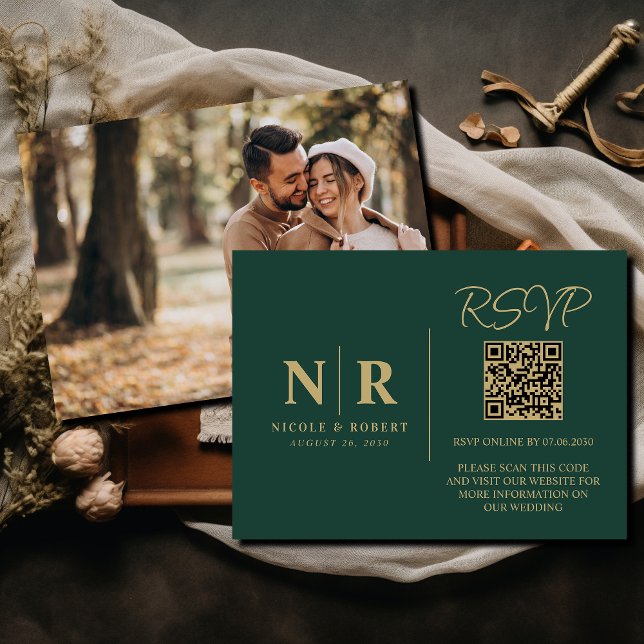 Tarjeta De Recepción Boda Monograma RSVP Código QR Foto Elegante (Subido por el creador)