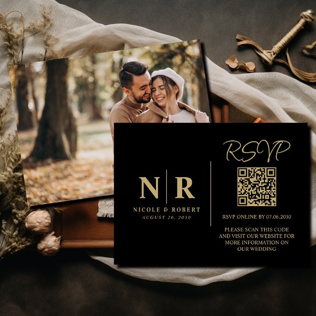 Tarjeta De Recepción Boda Monograma RSVP Código QR Foto Elegante (Subido por el creador)