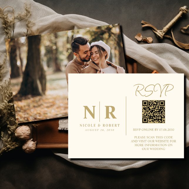 Tarjeta De Recepción Boda Monograma RSVP Código QR Foto Elegante (Subido por el creador)