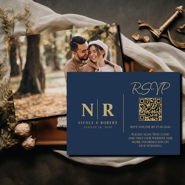 Tarjeta De Recepción Boda Monograma RSVP Código QR Foto Elegante (Subido por el creador)