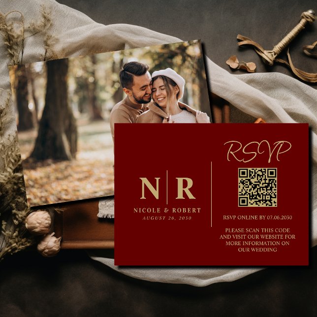 Tarjeta De Recepción Boda Monograma RSVP Código QR Foto Elegante (Subido por el creador)