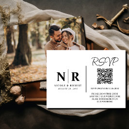 Tarjeta De Recepción Boda Monograma RSVP Código QR Foto Elegante