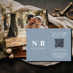 Tarjeta De Recepción Boda Monograma RSVP Código QR Foto Elegante