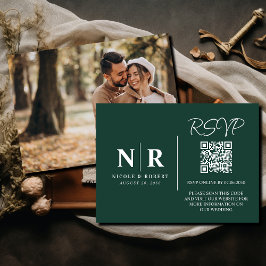 Tarjeta De Recepción Boda Monograma RSVP Código QR Foto Elegante