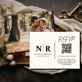 Tarjeta De Recepción Boda Monograma RSVP Código QR Foto Elegante
