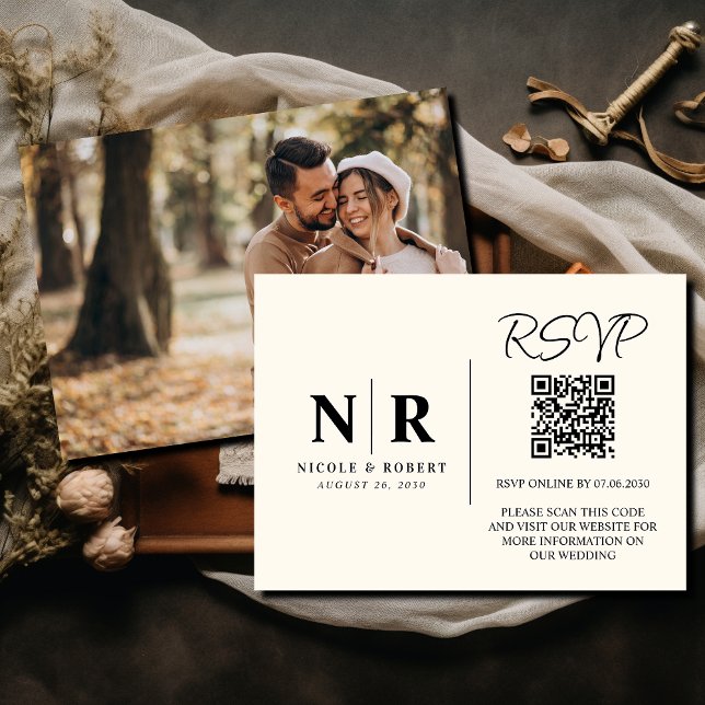 Tarjeta De Recepción Boda Monograma RSVP Código QR Foto Elegante (Subido por el creador)