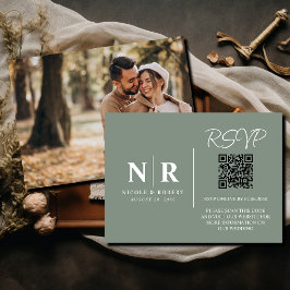 Tarjeta De Recepción Boda Monograma RSVP Código QR Foto Elegante