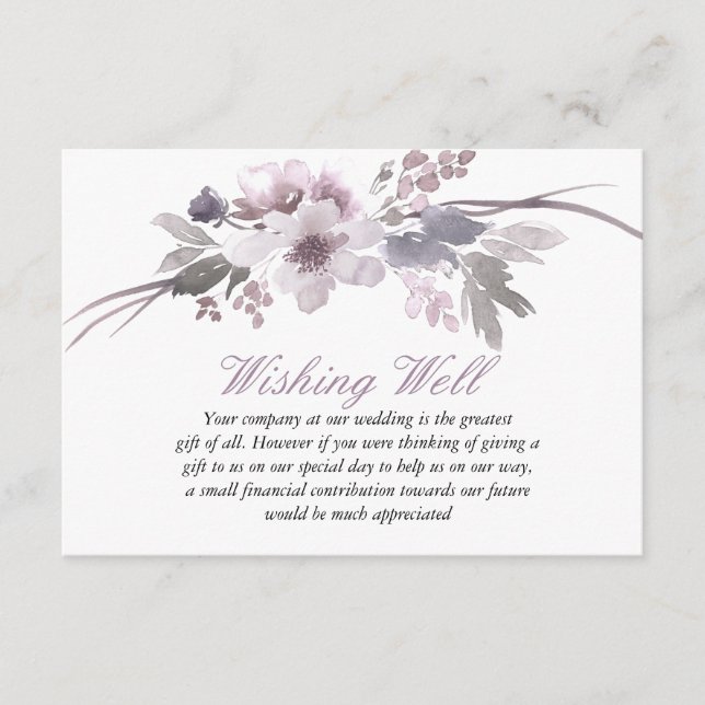 Tarjeta De Recepción Boda Morada Floral de Invierno Deseando Bien (Anverso)