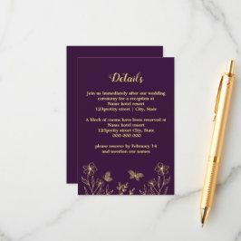 Tarjeta De Recepción Boda morado de flor dorada romántica y elegante