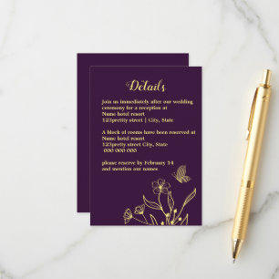 Tarjeta De Recepción Boda morado de flor dorada romántica y elegante