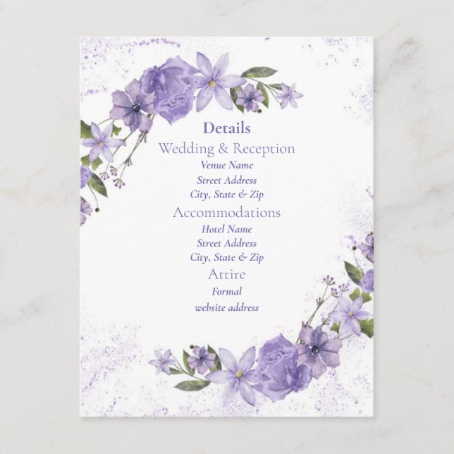Tarjeta De Recepción Boda morado floral (Anverso)