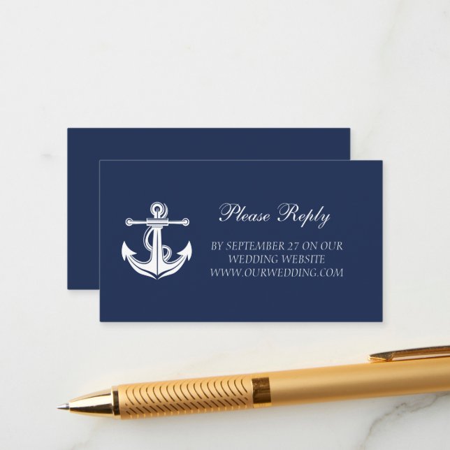 Tarjeta De Recepción Boda Náutica de la Marina Anchor Azul (Anverso/Reverso In Situ)