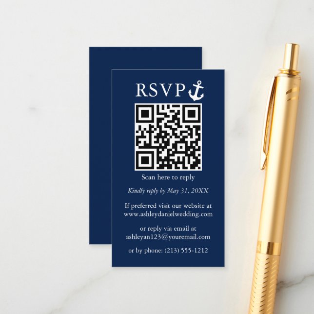 Tarjeta De Recepción Boda Nautical Anchor Naval Azul QR RSVP (Anverso/Reverso In Situ)