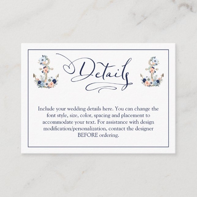 Tarjeta De Recepción Boda Nautical Anchor Naval Blue Peach Detalles (Anverso)
