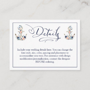 Tarjeta De Recepción Boda Nautical Anchor Naval Blue Peach Detalles