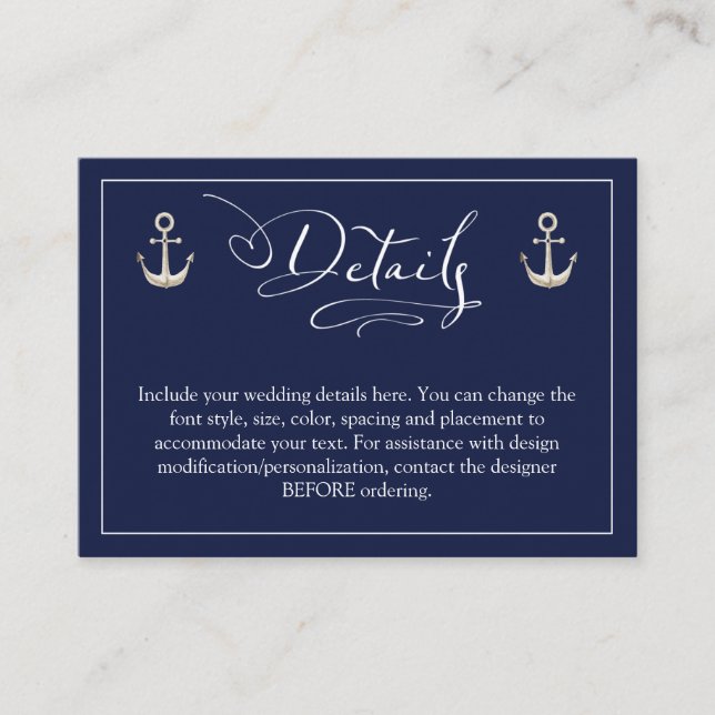 Tarjeta De Recepción Boda Nautical Anchor Navy detalles azules (Anverso)