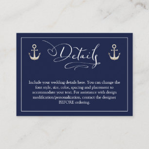 Tarjeta De Recepción Boda Nautical Anchor Navy detalles azules