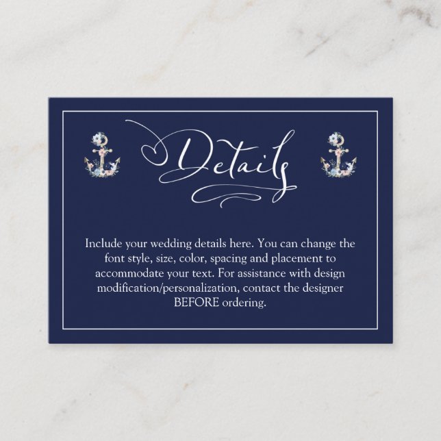 Tarjeta De Recepción Boda Nautical Floral Anchor Navy Blue DETAILS (Anverso)