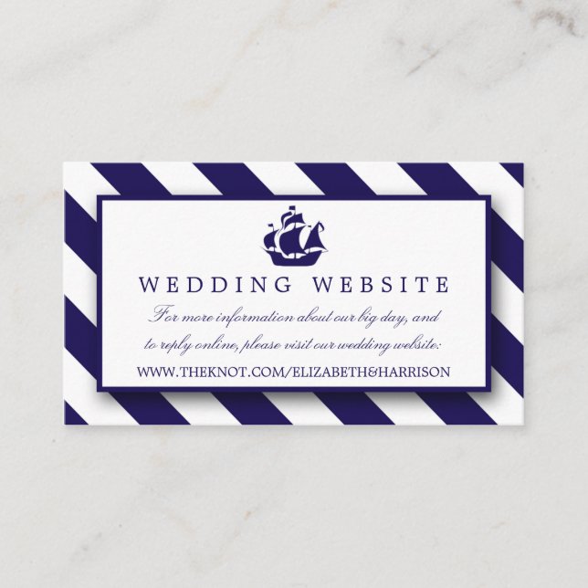 Tarjeta De Recepción Boda Nautical Stripes & Navy Blue Ship (Anverso)