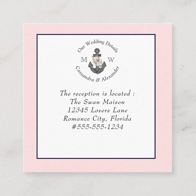 Tarjeta De Recepción Boda Náutico detalle Floral Anclaje Marina Rosa (Reverso)