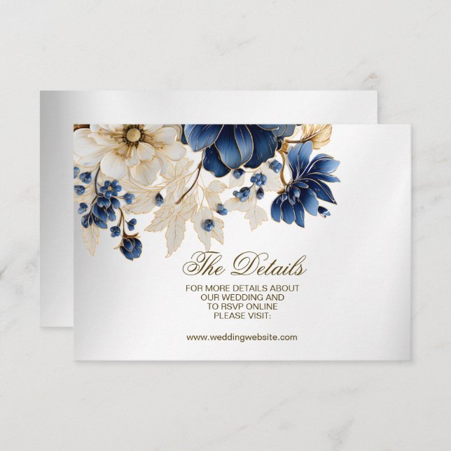 Tarjeta De Recepción Boda Navy Blue White Golden Floral Silver (Anverso / Reverso)