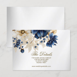 Tarjeta De Recepción Boda Navy Blue White Golden Floral Silver