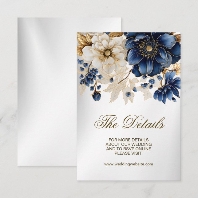 Tarjeta De Recepción Boda Navy Blue White Golden Floral Silver (Anverso / Reverso)