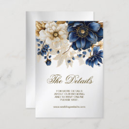 Tarjeta De Recepción Boda Navy Blue White Golden Floral Silver