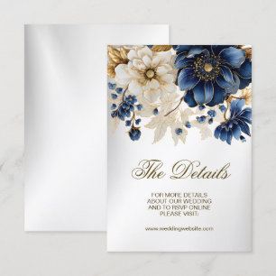 Tarjeta De Recepción Boda Navy Blue White Golden Floral Silver