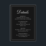 Tarjeta De Recepción Boda negro elegante y formal simple<br><div class="desc">Tarjeta de gabinete de boda negro de estilo tradicional con un diseño sencillo con "Detalles" en una caligrafía elegante dentro de un borde delgado. La plantilla le permite compartir información importante sobre su día especial. Este diseño clásico es perfecto para un boda formal.</div>