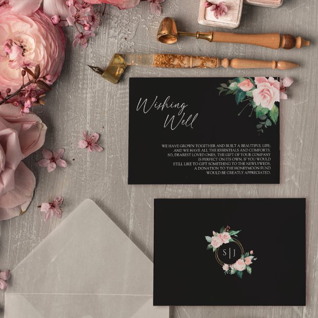 Tarjeta De Recepción Boda negro floral de Rubor deseando lo mejor (Subido por el creador)