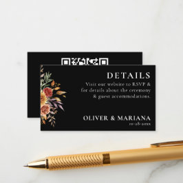 Tarjeta De Recepción Boda negro floral del follaje del código QR modern