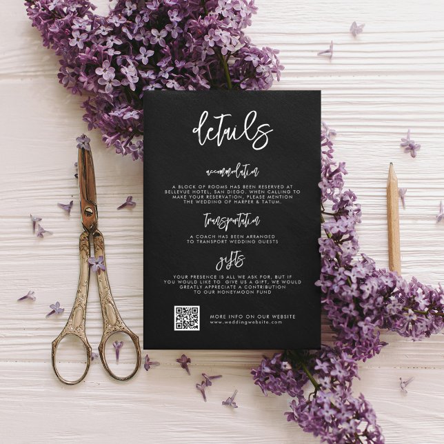 Tarjeta De Recepción Boda negro moderno contemporáneo detalles código Q (Subido por el creador)