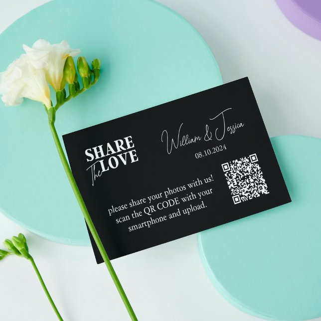 Tarjeta De Recepción Boda negro para compartir fotos con código QR (Subido por el creador)