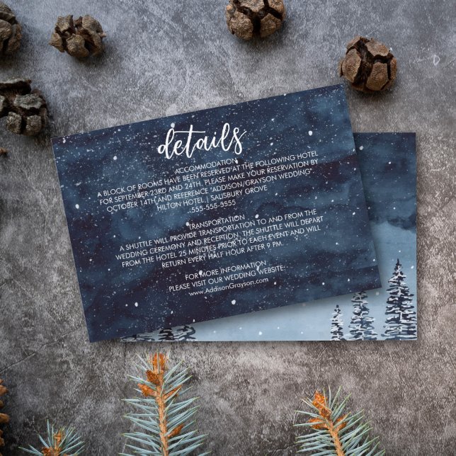 Tarjeta De Recepción Boda nocturno de acuarela azul marino (Winter wonderland watercolor snow night wedding detail card for and elegant winter wedding.)
