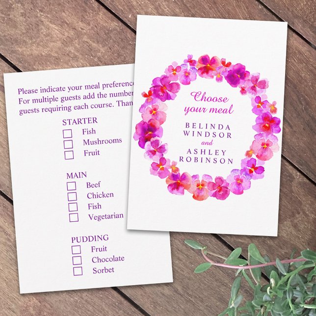 Tarjeta De Recepción Boda opción de comida pansy rosa floral (Subido por el creador)