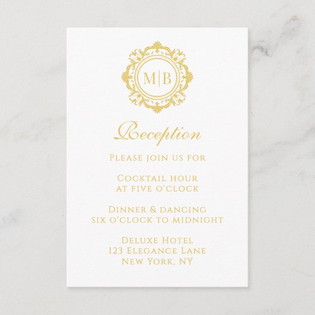 Tarjeta De Recepción Boda Ornate Floral Monograma Dorado (Anverso)