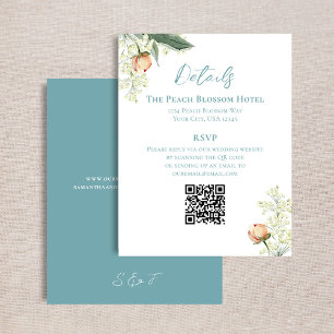 Tarjeta De Recepción Boda Peach Blue Details QR Code RSVP