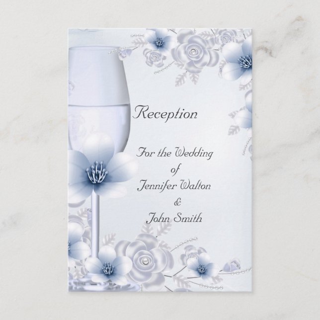 Tarjeta de Recepción Boda Plata Azul Rosa Flor (Anverso)