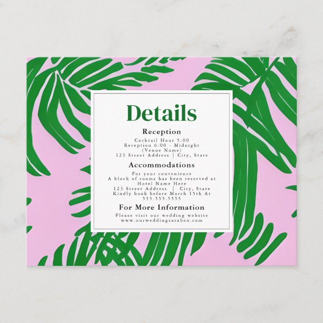 Tarjeta De Recepción Boda playera moderna rosa y verde palmera (Anverso)