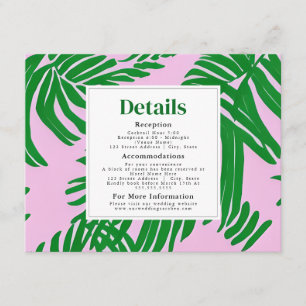 Tarjeta De Recepción Boda playera moderna rosa y verde palmera