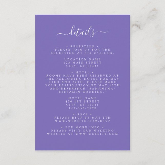 Tarjeta De Recepción Boda púrpura (Anverso)