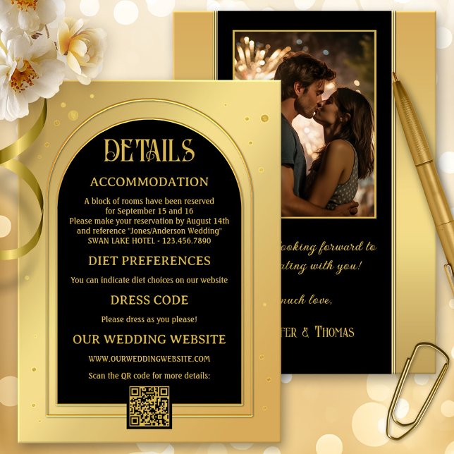 Tarjeta De Recepción Boda Purpurina de Confetti Negro de Oro (wedding enclosure card in gold and black with sparkling confetti glitters - with QR code and photo)