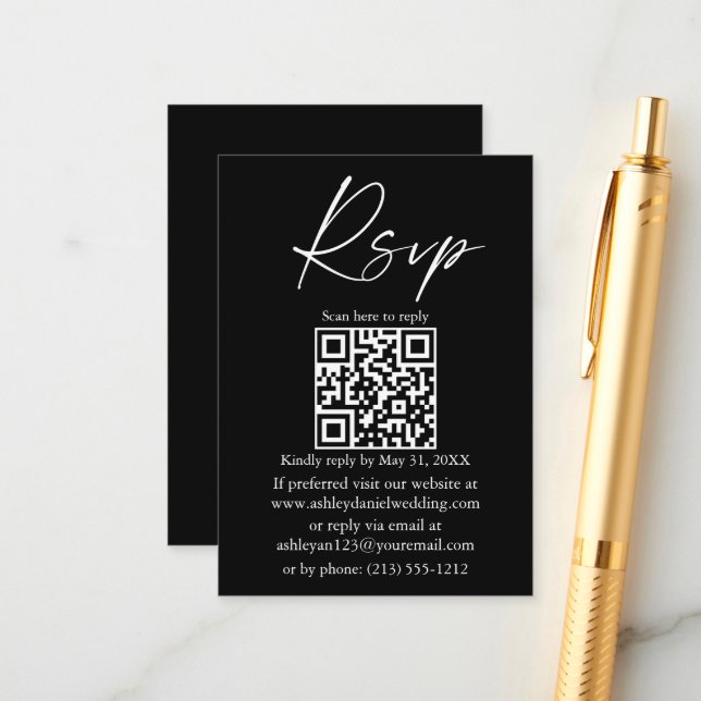 Tarjeta De Recepción Boda QR Caligrafía Guión de tinta negro RSVP (Anverso/Reverso In Situ)