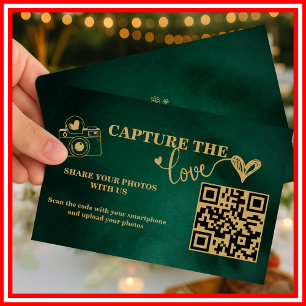 Tarjeta De Recepción Boda QR Captura El Amor Verde Esmeralda Y Dorado