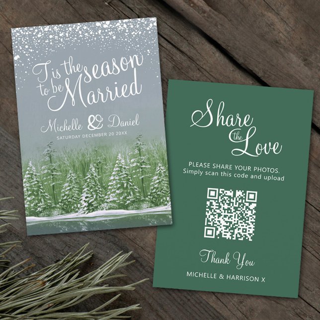 Tarjeta De Recepción Boda QR compartir amor boda de invierno verde gris (Subido por el creador)