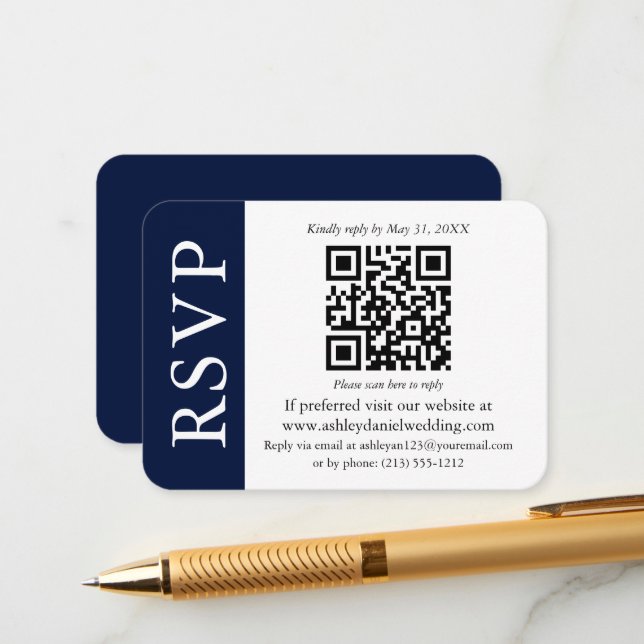 Tarjeta De Recepción Boda QR moderna RSVP Azul y Blanco (Anverso/Reverso In Situ)